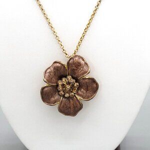 Dogwood Flower Floral Brooch Pendant Necklace Crystal Accent Center Gold Tone